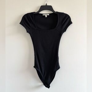 Express Bodysuit Black Ribbed Cotton Modal Square Neck Women XS Y2K Minimalist
